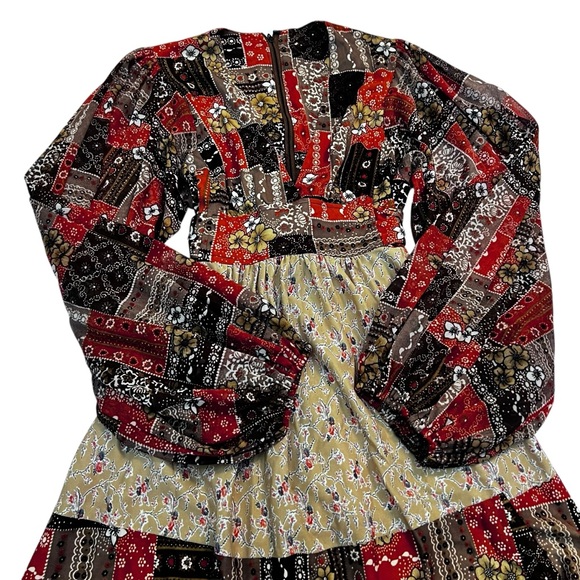 Vintage‎ 70s Patchwork Prairie Maxi Dress Balloon Sleeves XS Boho Hippie - Picture 8 of 12